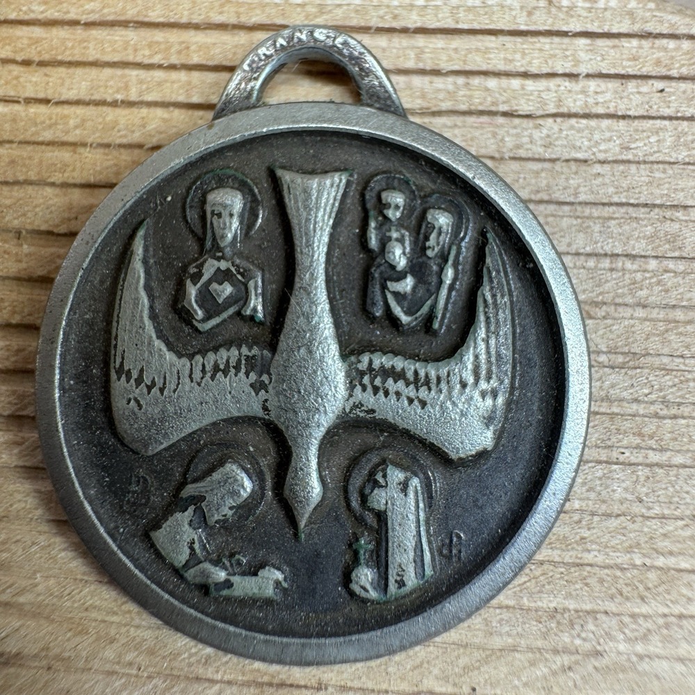 Vintage‎ Christian Alpha Omega Cross Religious Medallion Pendant Silver Tone